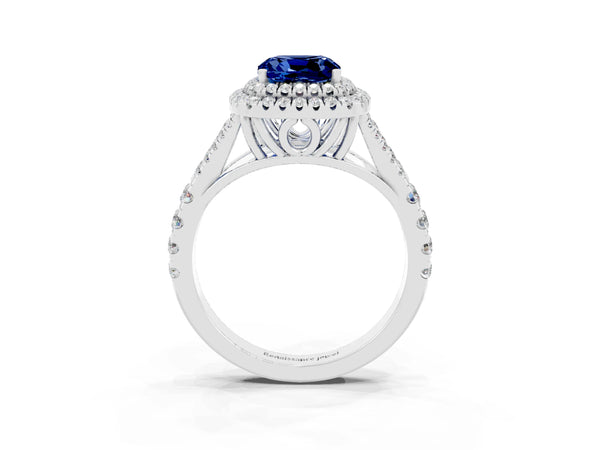 Platinum Cushion Cut Blue Sapphire Pavé Split Shank Double Halo Engagement Ring