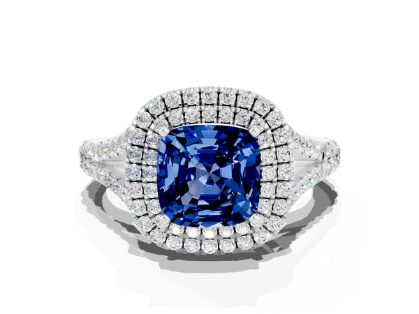 White gold Cushion Cut Blue Sapphire Pavé Split Shank Double Halo Engagement Ring