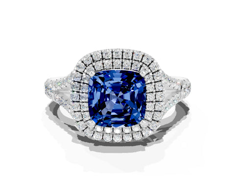 White gold Cushion Cut Blue Sapphire Pavé Split Shank Double Halo Engagement Ring