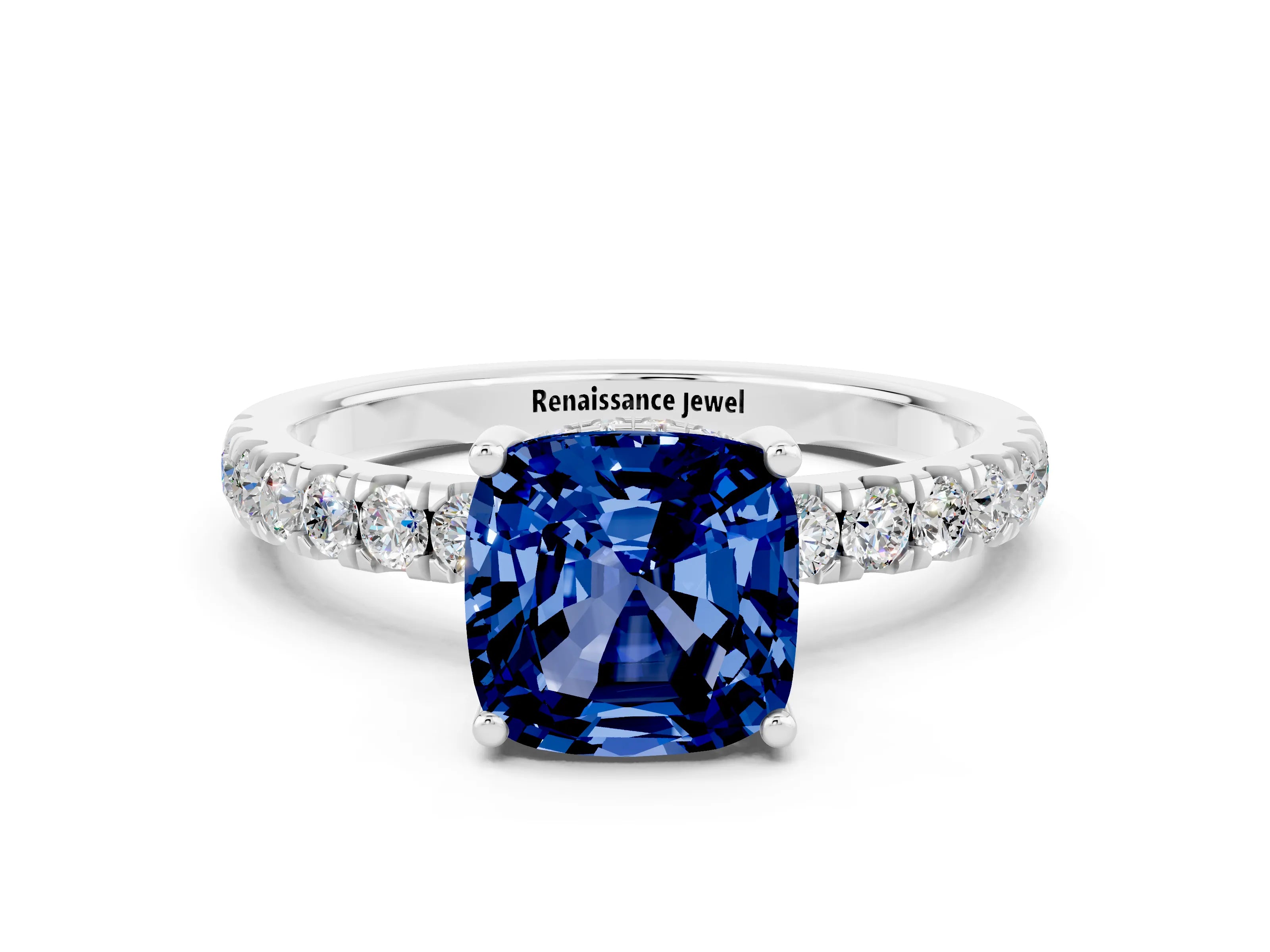 White gold Cushion Cut Blue Sapphire Pave Band Solitaire Ring with Four-Prong Setting_24