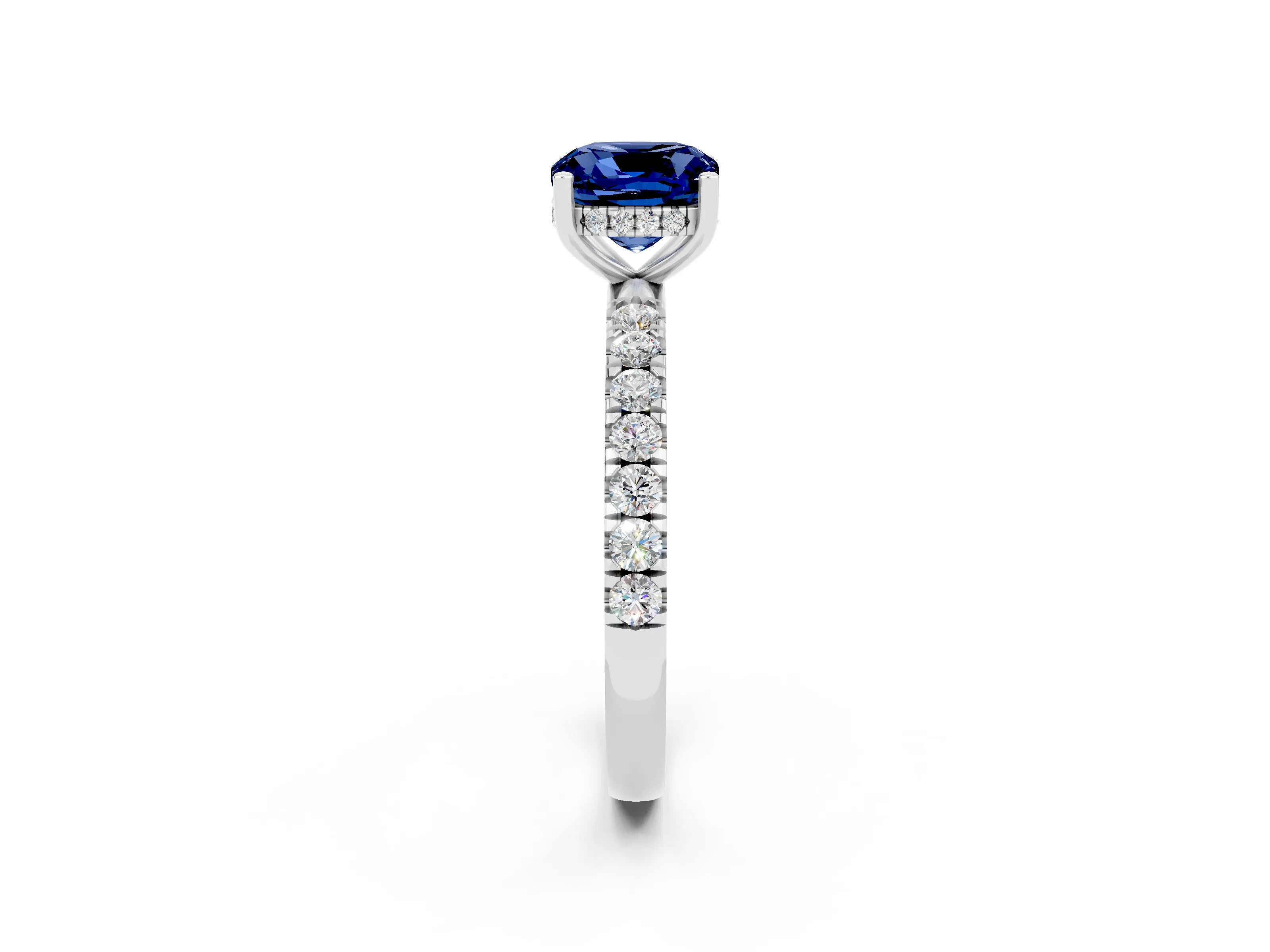 White gold Cushion Cut Blue Sapphire Pave Band Solitaire Ring with Four-Prong Setting_26