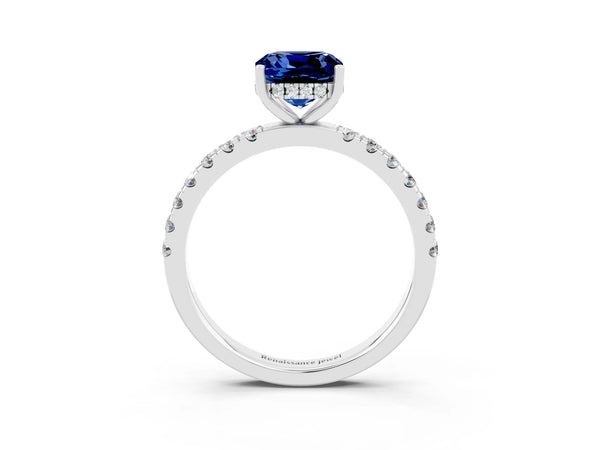 Platinum Cushion Cut Blue Sapphire Pave Band Solitaire Ring with Round  and Prong Setting