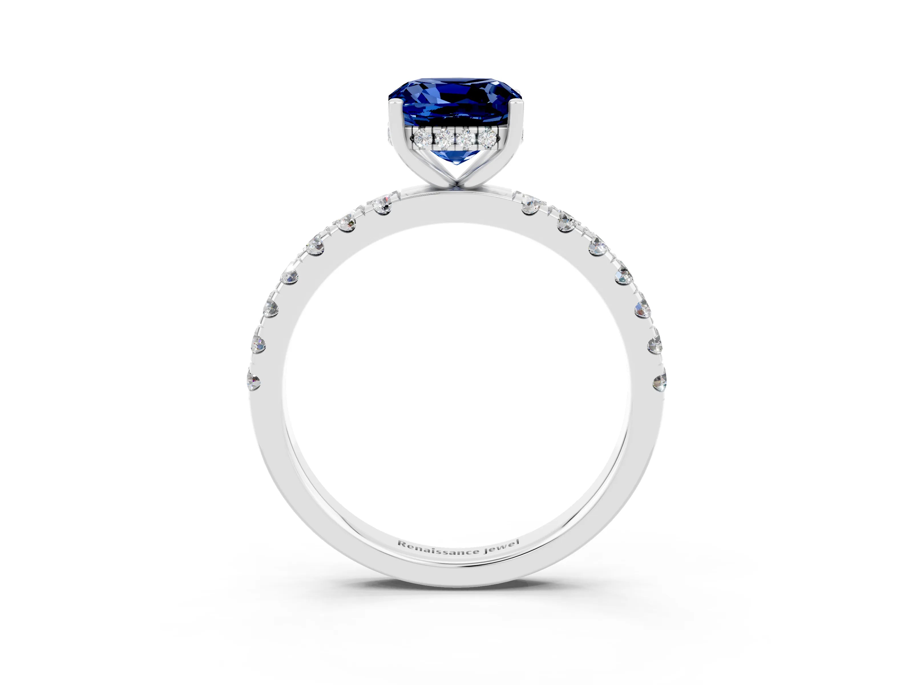 White gold Cushion Cut Blue Sapphire Pave Band Solitaire Ring with Four-Prong Setting_27