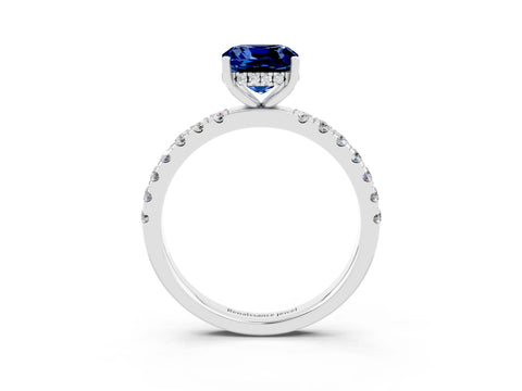 White gold Cushion Cut Blue Sapphire Pave Band Solitaire Ring with Four-Prong Setting_27