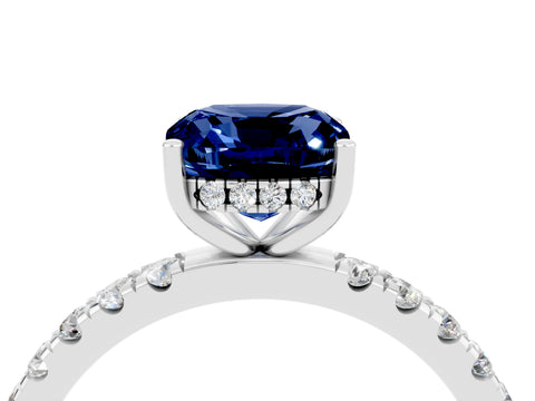 White gold Cushion Cut Blue Sapphire Pave Band Solitaire Ring with Four-Prong Setting_28