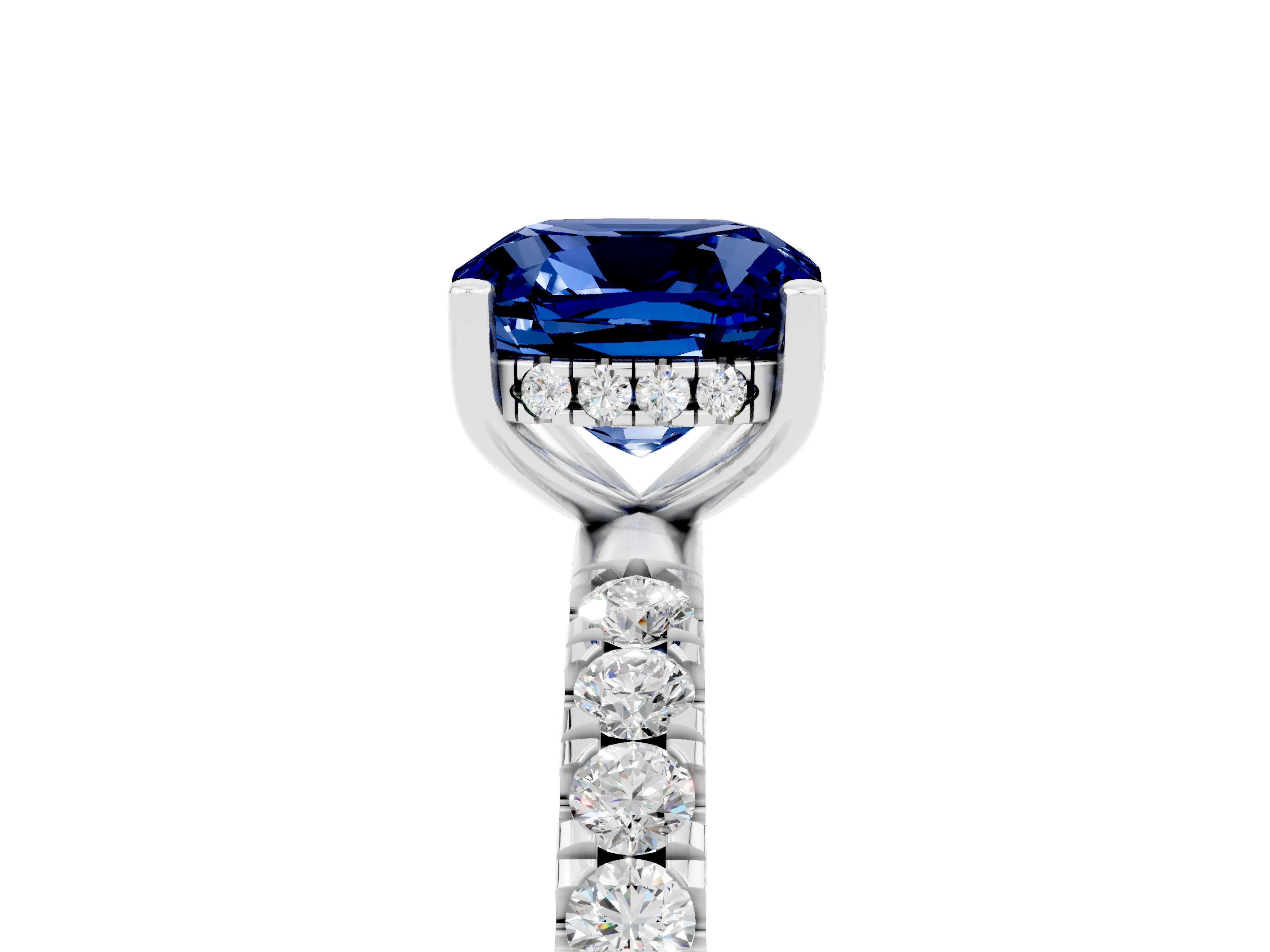 White gold Cushion Cut Blue Sapphire Pave Band Solitaire Ring with Four-Prong Setting_29