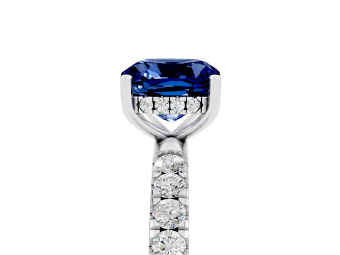 White gold Cushion Cut Blue Sapphire Pave Band Solitaire Ring with Four-Prong Setting_29