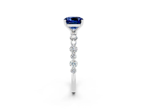 White gold Cushion Cut Blue Sapphire Prong Set Engagement Ring with Pavé Band_2