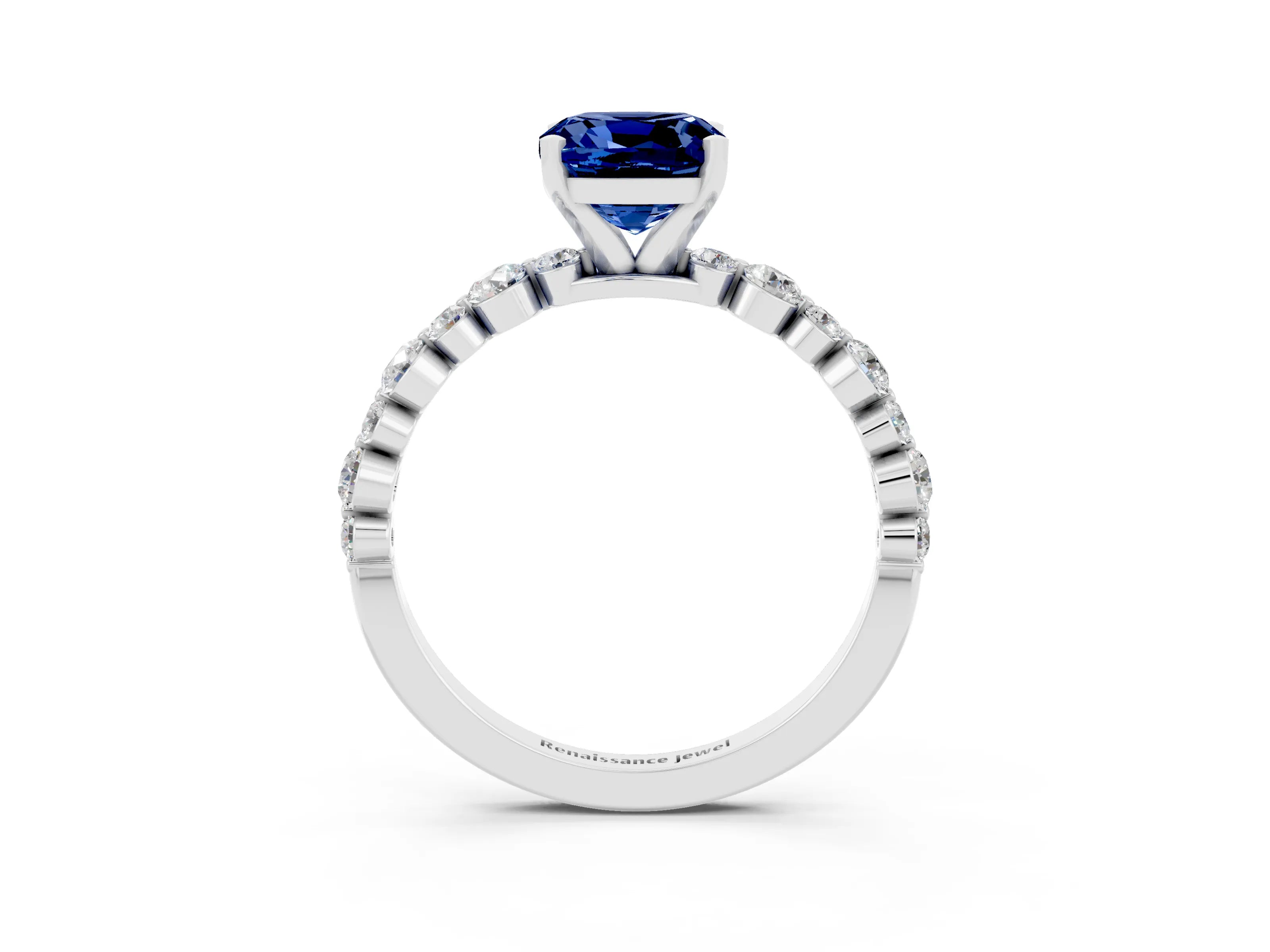 White gold Cushion Cut Blue Sapphire Prong Set Engagement Ring with Pavé Band_3