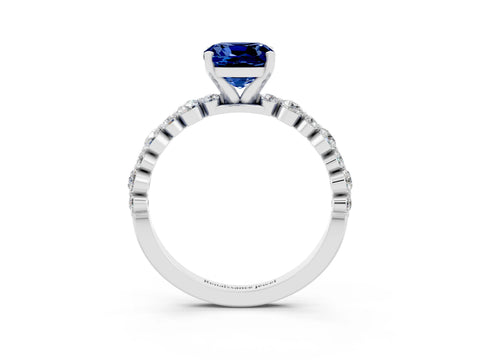 White gold Cushion Cut Blue Sapphire Prong Set Engagement Ring with Pavé Band_3