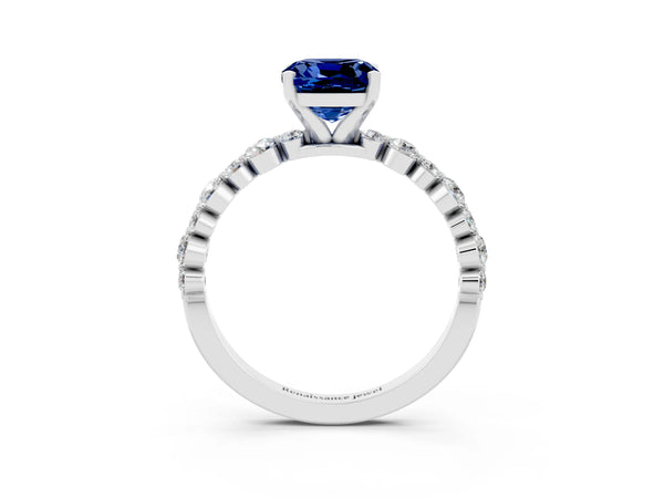 Silver Cushion Cut Blue Sapphire Prong Set Engagement Ring with Pavé Band