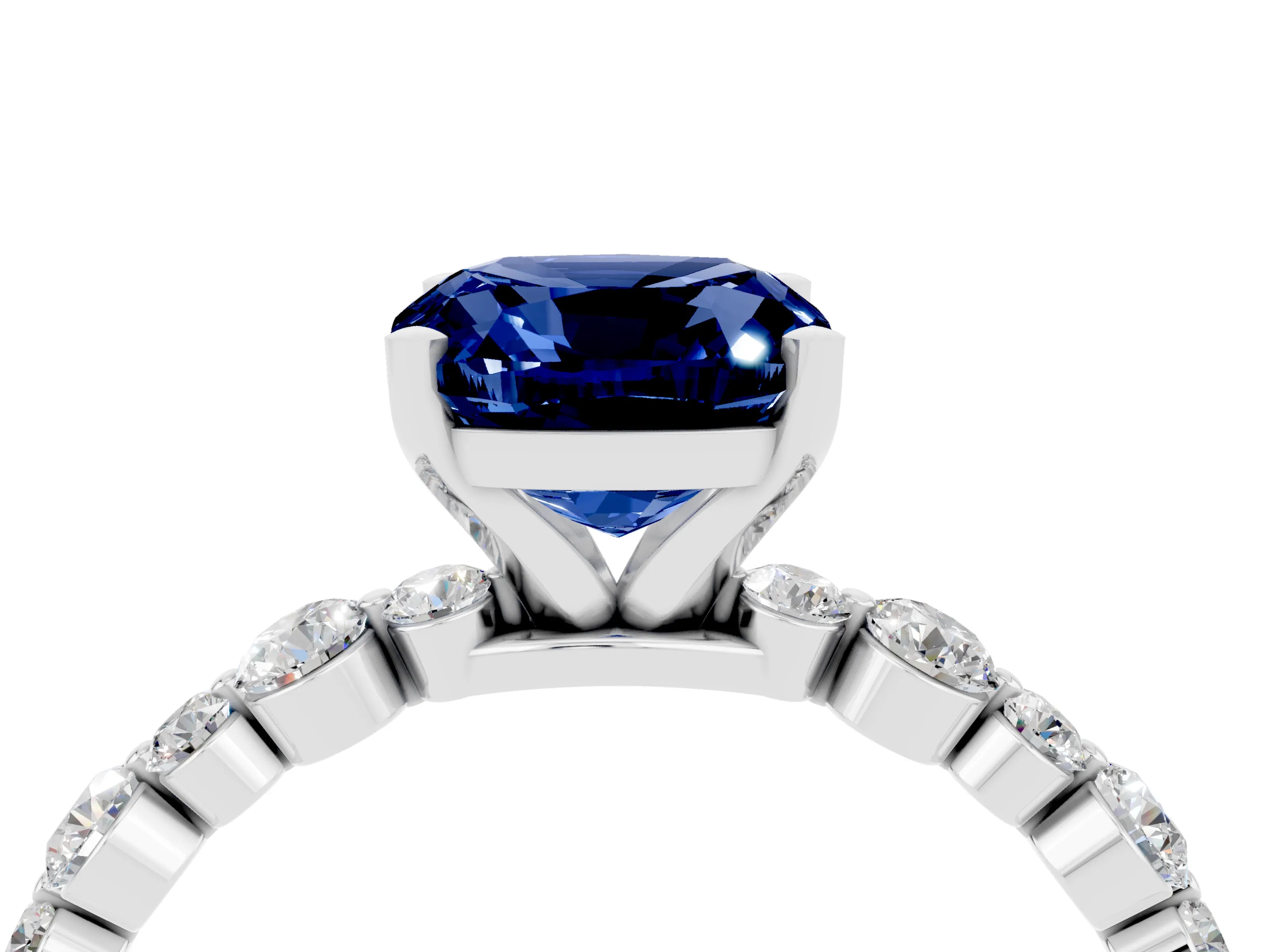 White gold Cushion Cut Blue Sapphire Prong Set Engagement Ring with Pavé Band_4