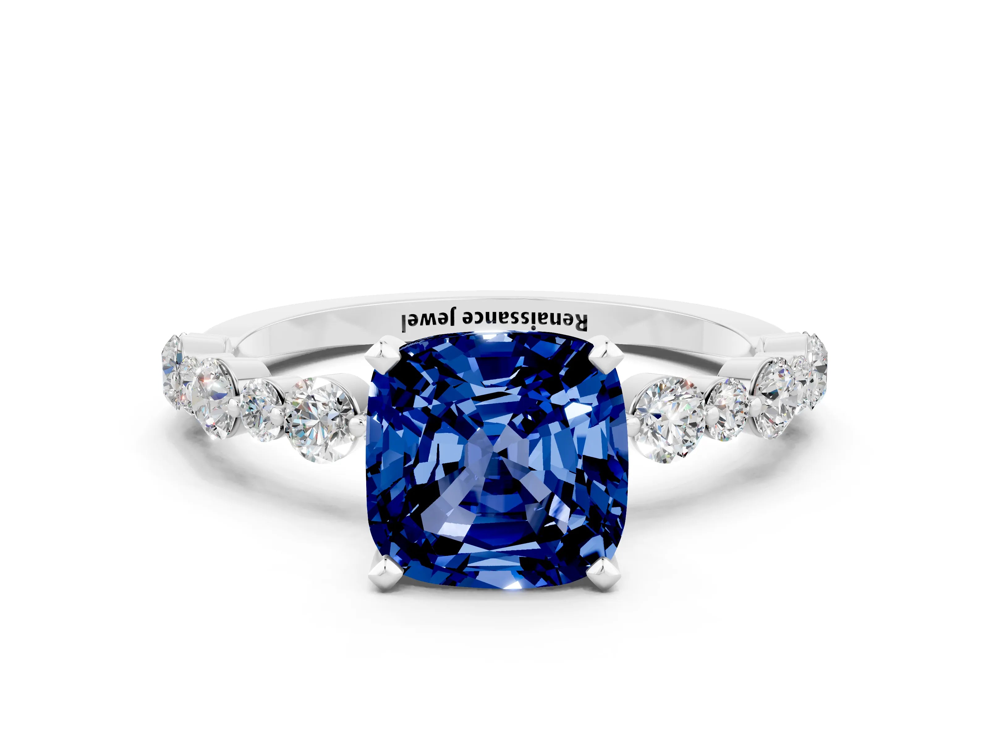 White gold Cushion Cut Blue Sapphire Prong Set Engagement Ring with Pavé Band