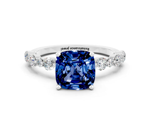 White gold Cushion Cut Blue Sapphire Prong Set Engagement Ring with Pavé Band