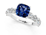 White gold Cushion Cut Blue Sapphire Prong Setting with Side Stones on a Pave Band_1