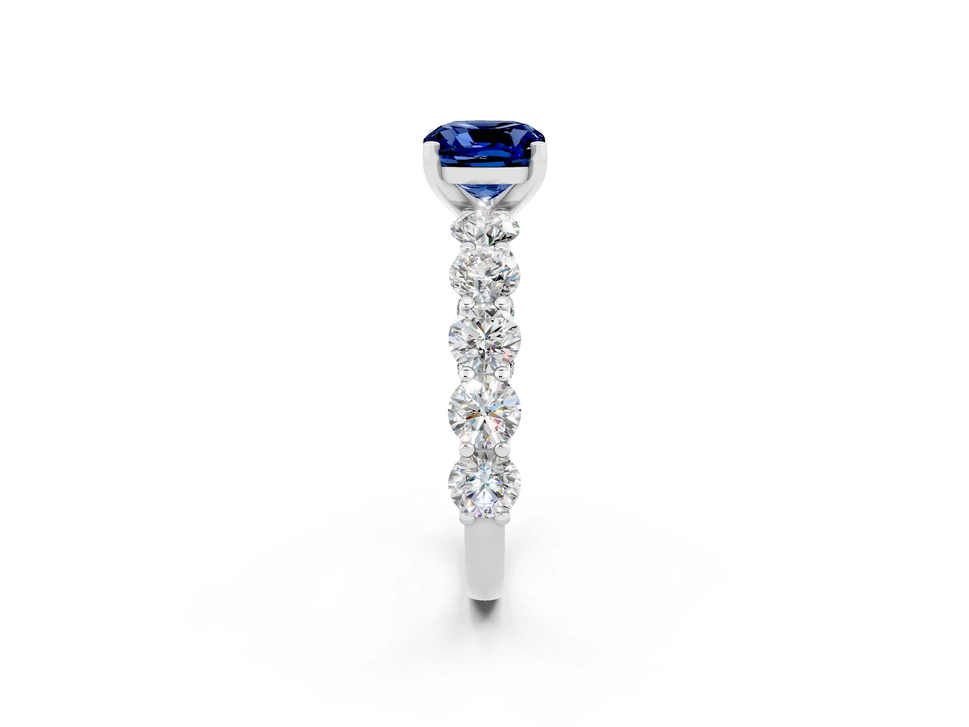 White gold Cushion Cut Blue Sapphire Prong Setting with Side Stones on a Pave Band_2