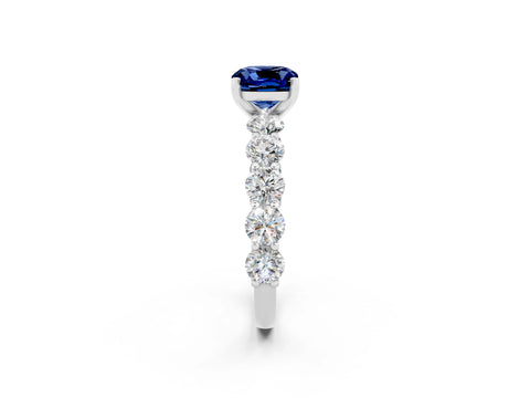 White gold Cushion Cut Blue Sapphire Prong Setting with Side Stones on a Pave Band_2