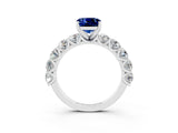 White gold Cushion Cut Blue Sapphire Prong Setting with Side Stones on a Pave Band_3