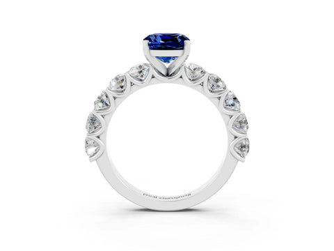 White gold Cushion Cut Blue Sapphire Prong Setting with Side Stones on a Pave Band_3