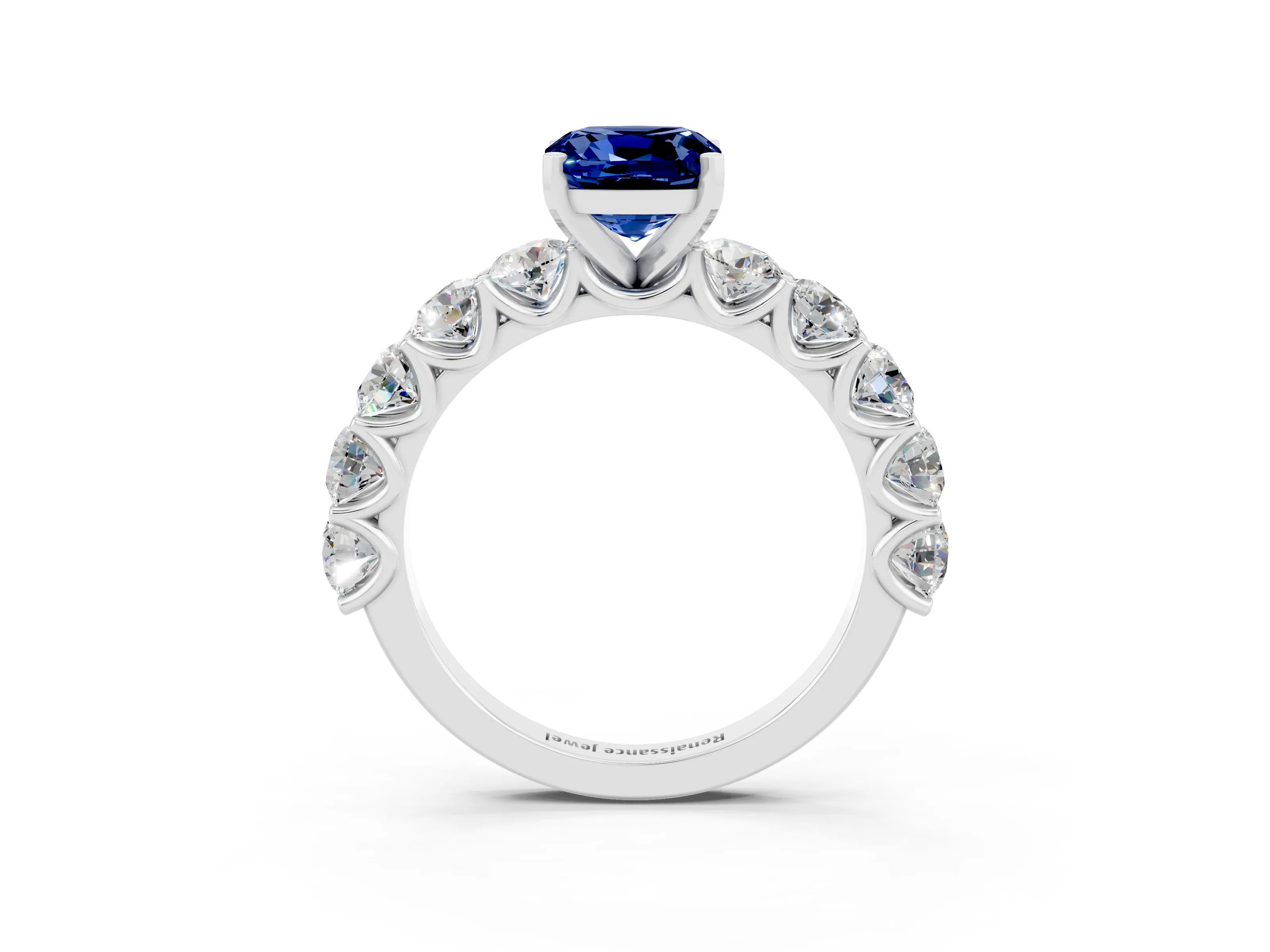 White gold Cushion Cut Blue Sapphire Prong Setting with Side Stones on a Pave Band_3
