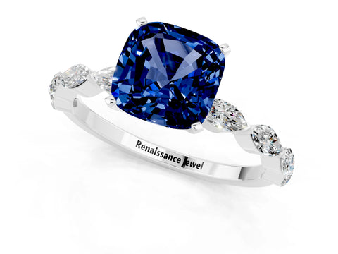 White gold Cushion Cut Blue Sapphire Ring with Marquise Side Stones and Prong Setting_1