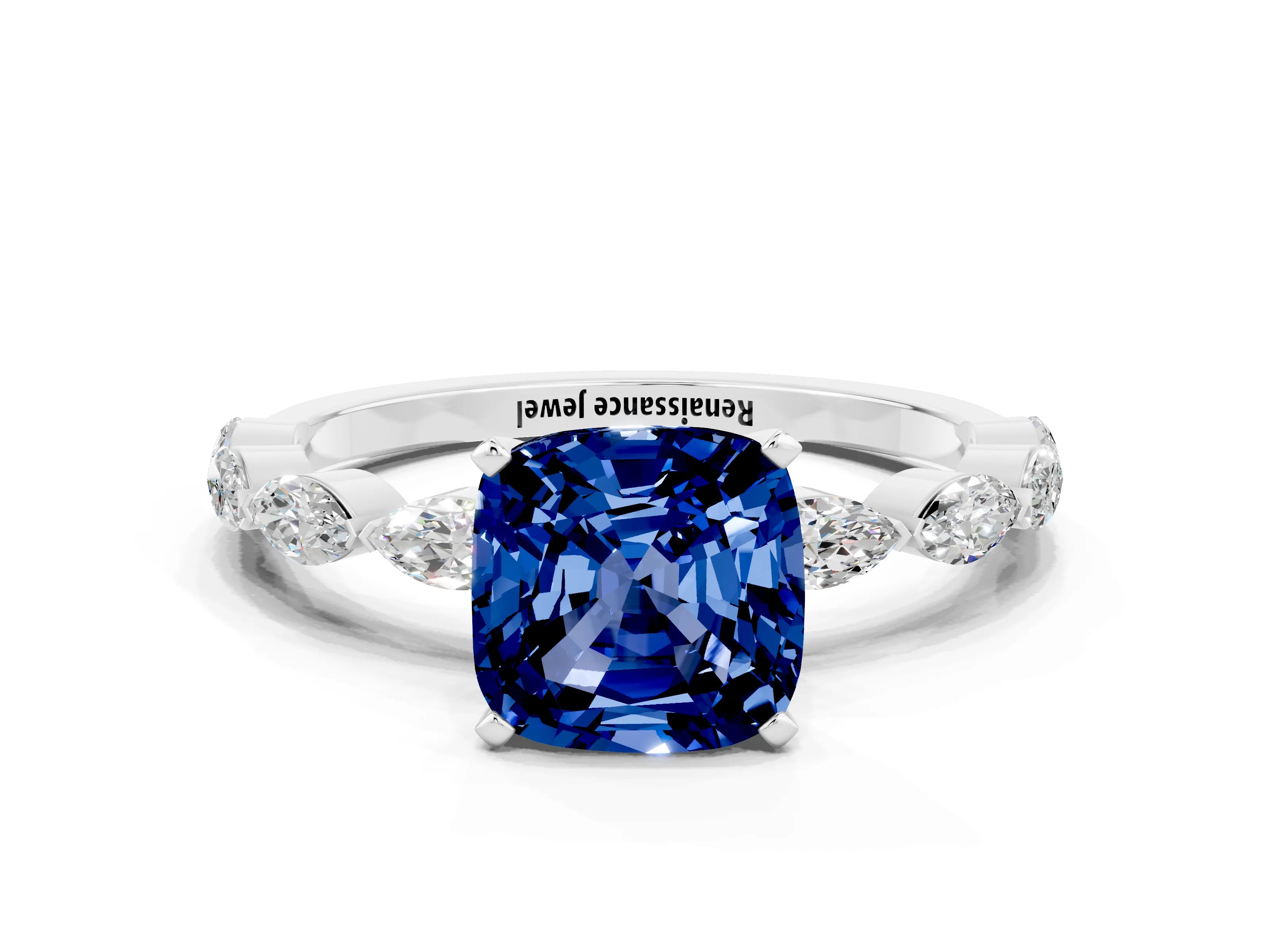 White gold Cushion Cut Blue Sapphire Ring with Marquise Side Stones and Prong Setting
