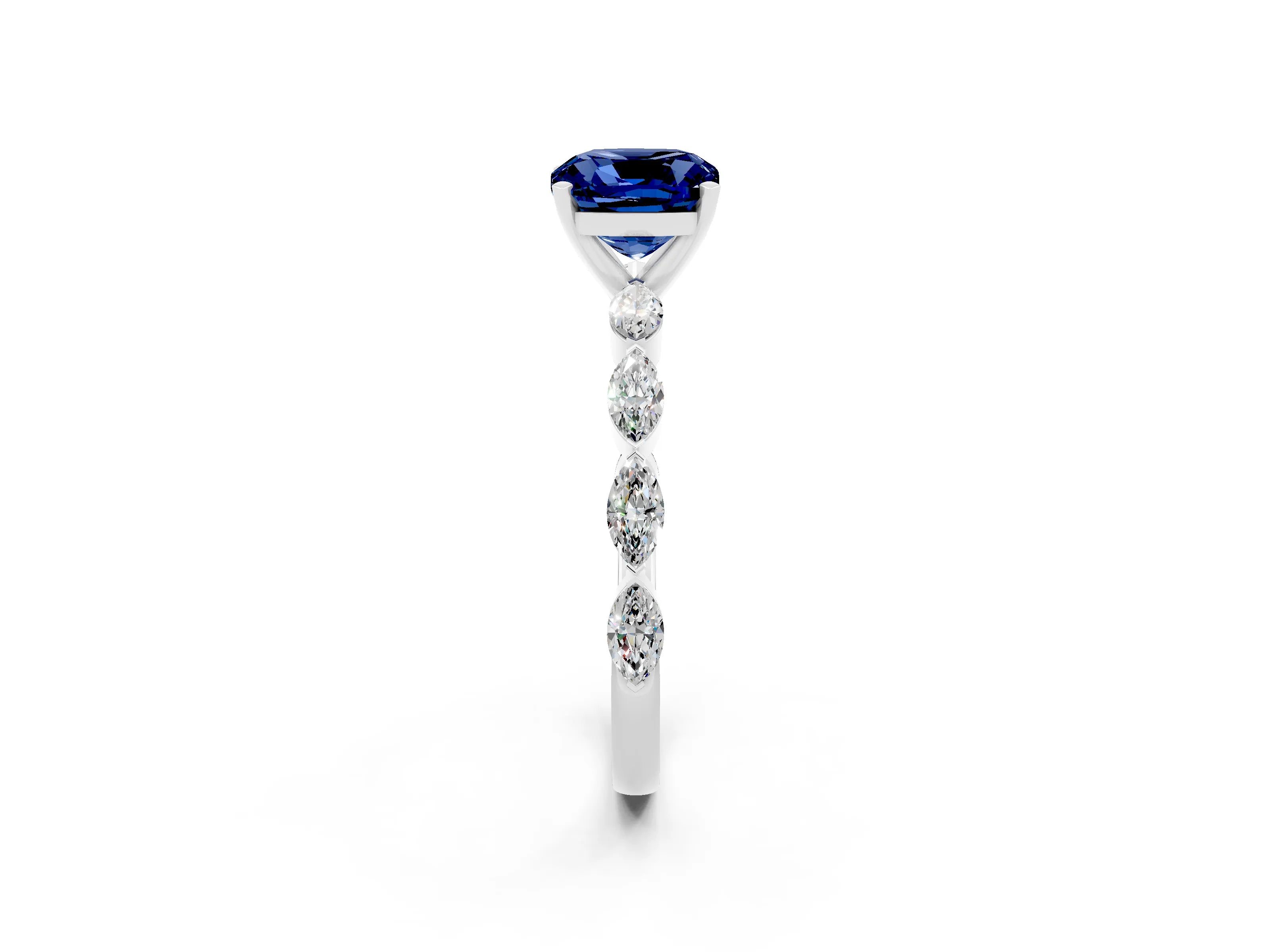 White gold Cushion Cut Blue Sapphire Ring with Marquise Side Stones and Prong Setting_2
