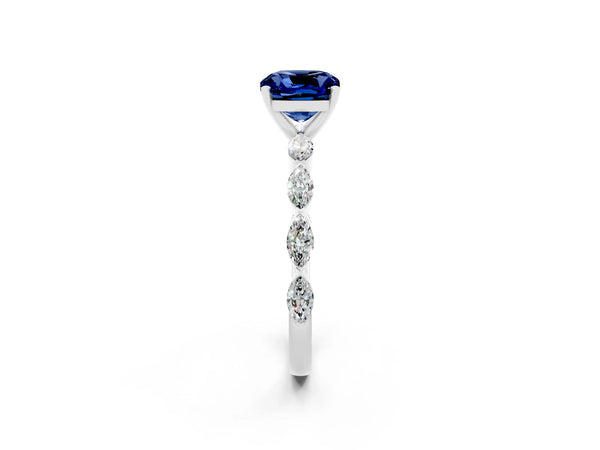White gold Cushion Cut Blue Sapphire Ring with Marquise Side Stones and Prong Setting