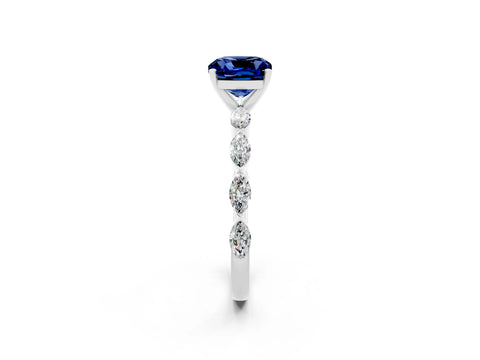 White gold Cushion Cut Blue Sapphire Ring with Marquise Side Stones and Prong Setting_2