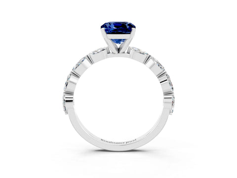 White gold Cushion Cut Blue Sapphire Ring with Marquise Side Stones and Prong Setting_3