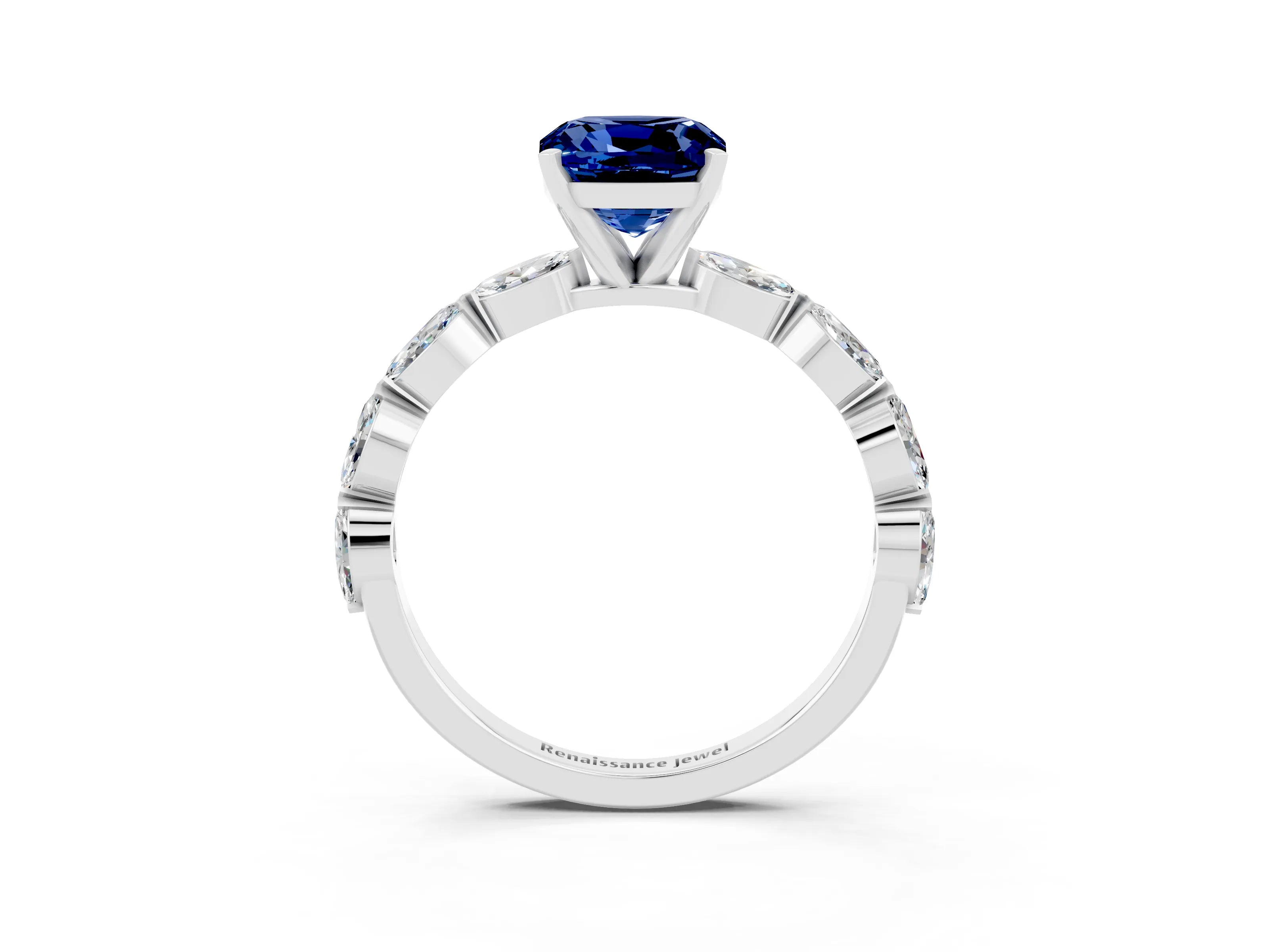 White gold Cushion Cut Blue Sapphire Ring with Marquise Side Stones and Prong Setting_3