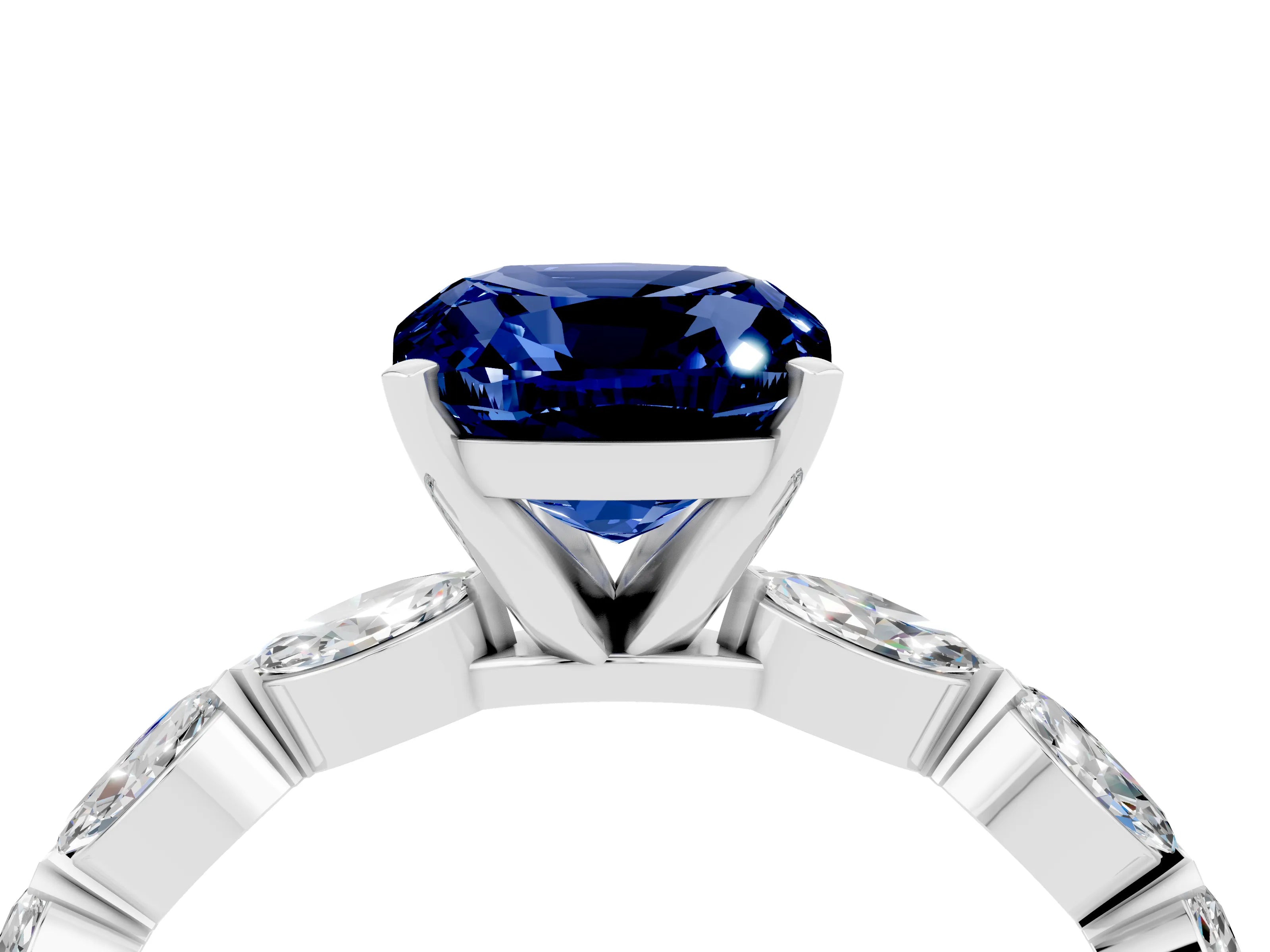 White gold Cushion Cut Blue Sapphire Ring with Marquise Side Stones and Prong Setting_4
