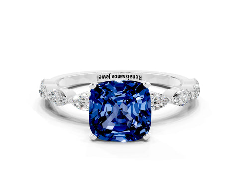 White gold Cushion Cut Blue Sapphire Ring with Marquise Side Stones and Prong Setting