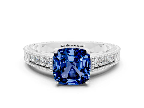 White gold Cushion Cut Blue Sapphire Ring with Milgrain Pavé Band and Four-Prong Setting_12