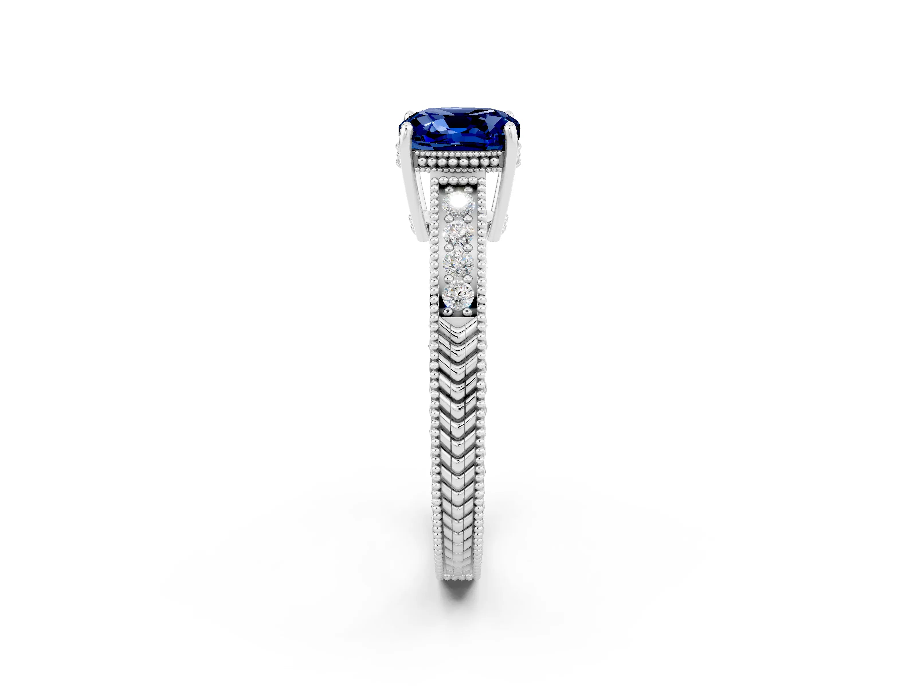 White gold Cushion Cut Blue Sapphire Ring with Milgrain Pavé Band and Four-Prong Setting_14
