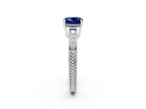 White gold Cushion Cut Blue Sapphire Ring with Milgrain Pavé Band and Four-Prong Setting_14