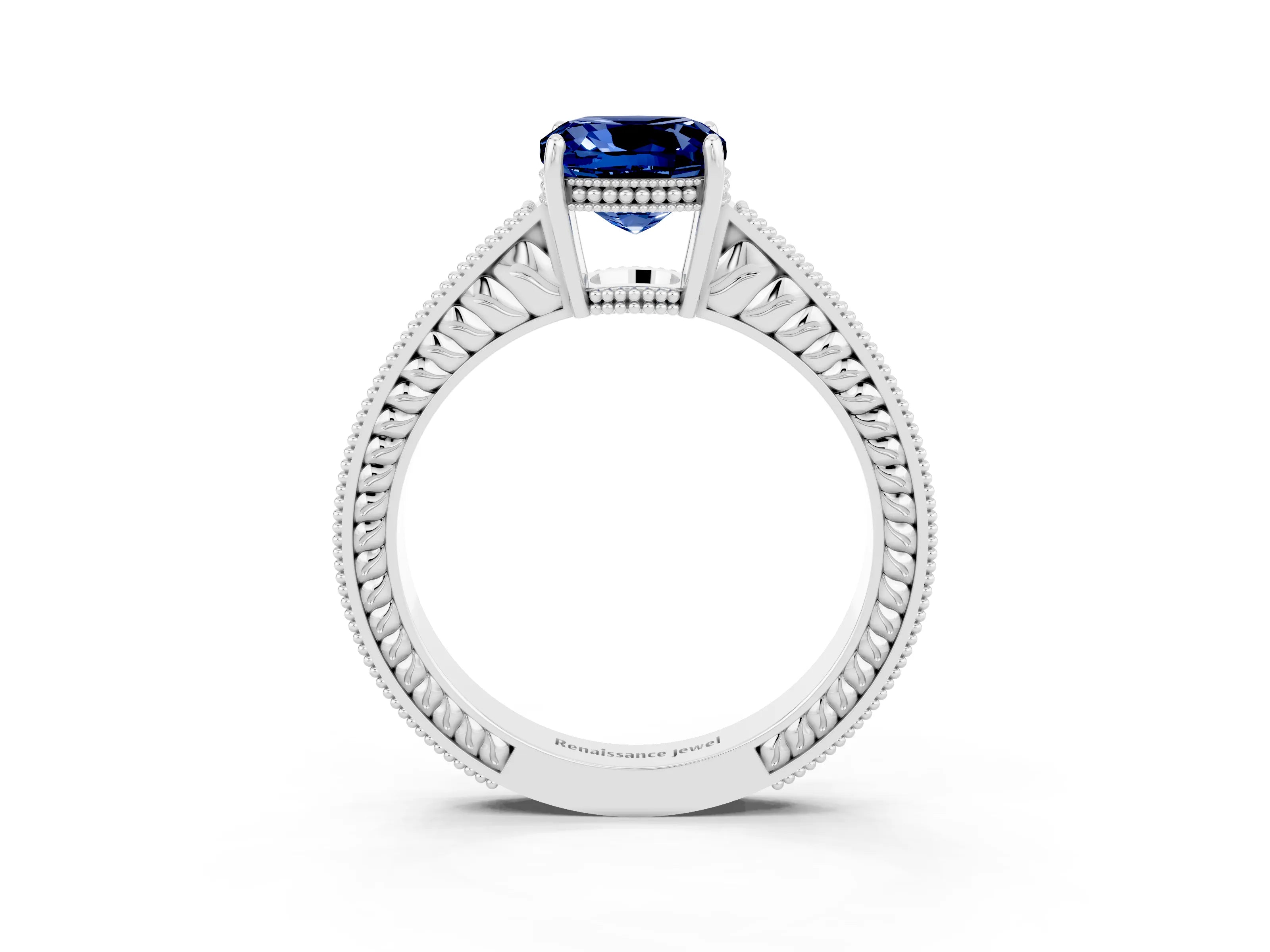 White gold Cushion Cut Blue Sapphire Ring with Milgrain Pavé Band and Four-Prong Setting_15