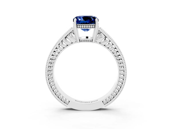 White gold Cushion Cut Blue Sapphire Ring with Milgrain Pavé Band and Four-Prong Setting
