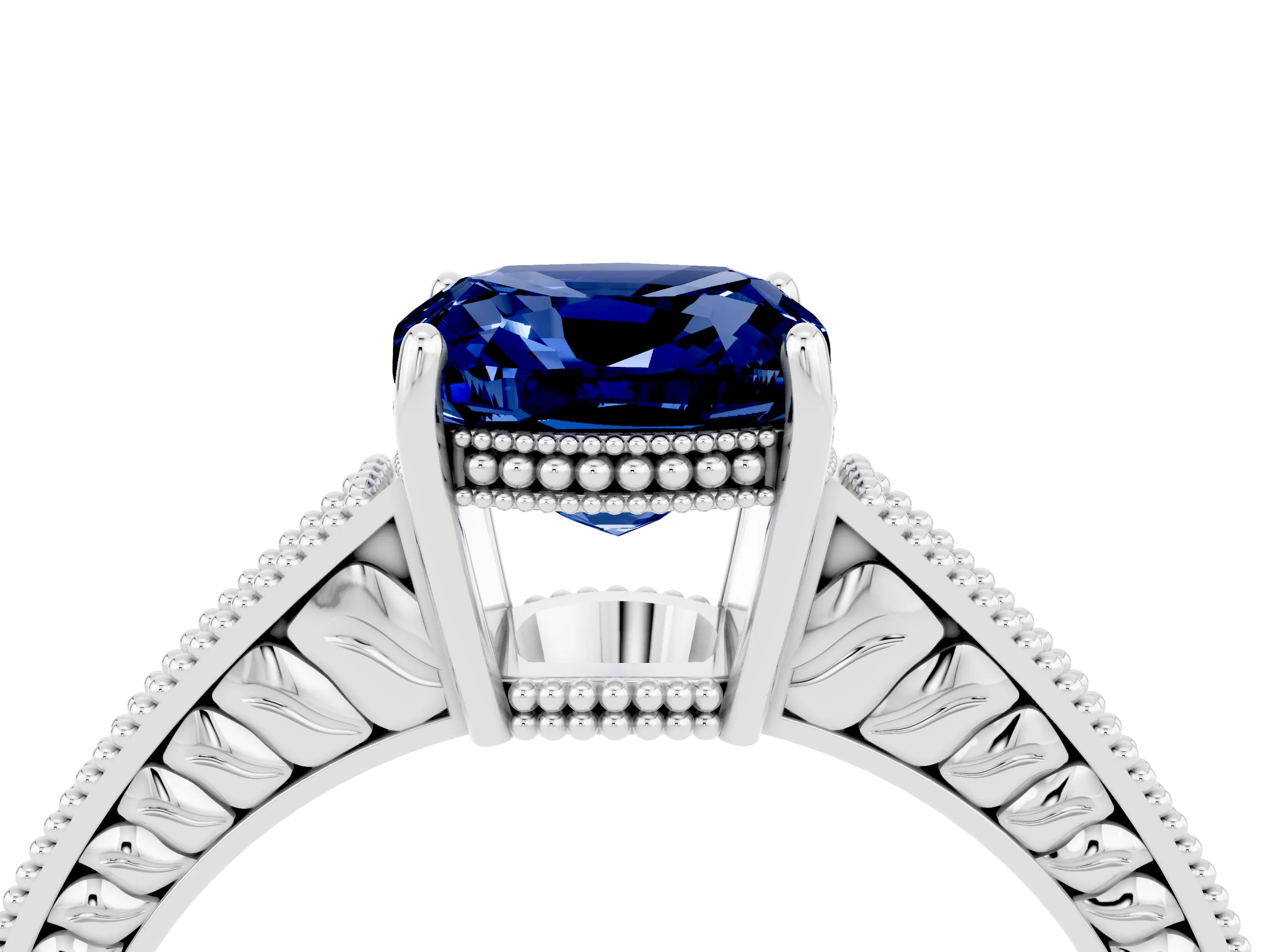 White gold Cushion Cut Blue Sapphire Ring with Milgrain Pavé Band and Four-Prong Setting_16