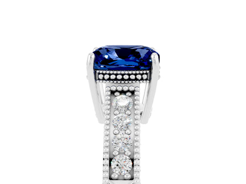 White gold Cushion Cut Blue Sapphire Ring with Milgrain Pavé Band and Four-Prong Setting_17