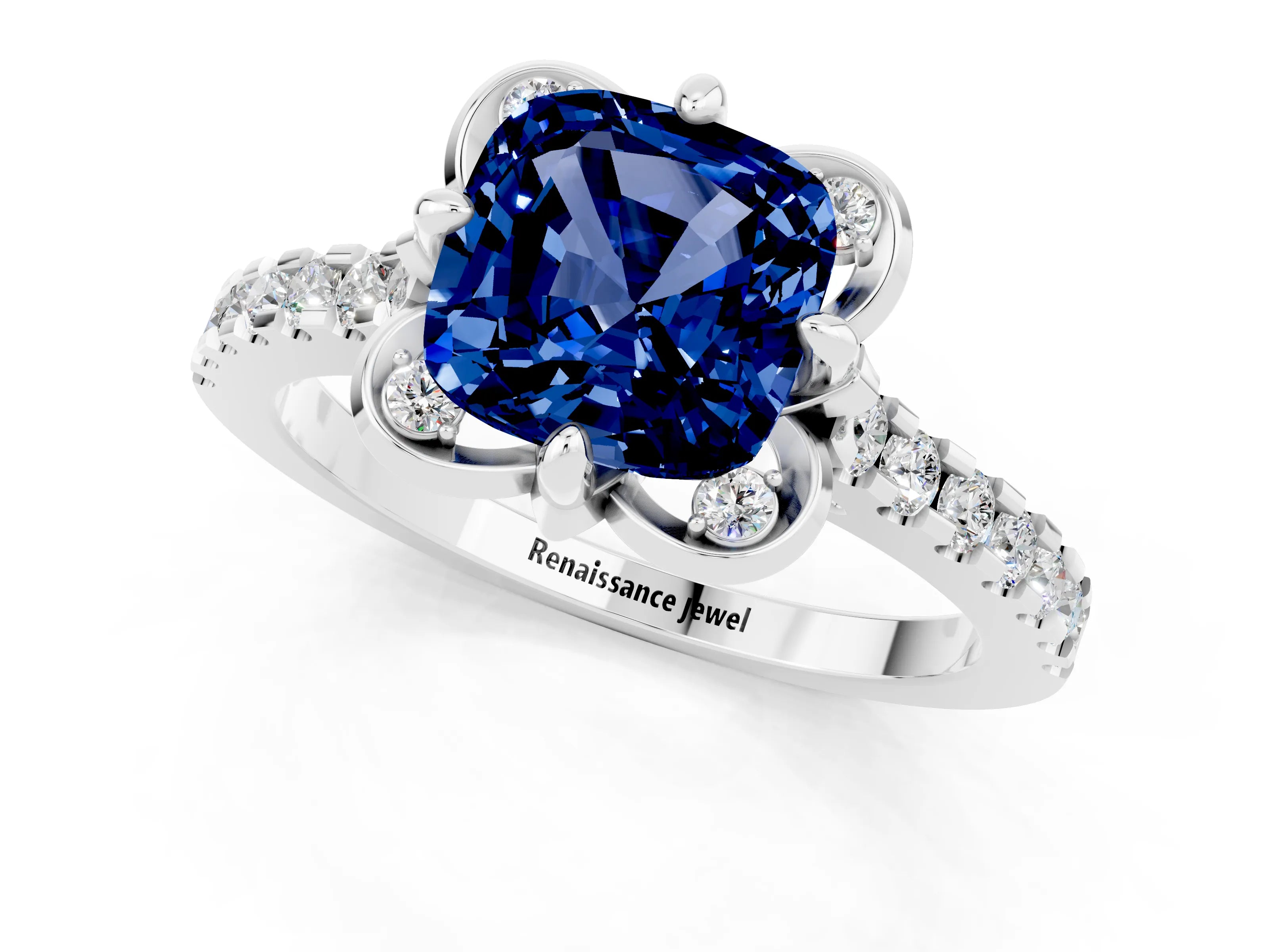 White gold Cushion Cut Blue Sapphire Ring with Pavé Band and Floral Prong Setting_1