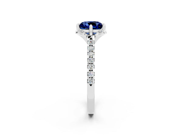Silver Cushion Cut Blue Sapphire Ring with Pavé Band and Floral Prong Setting
