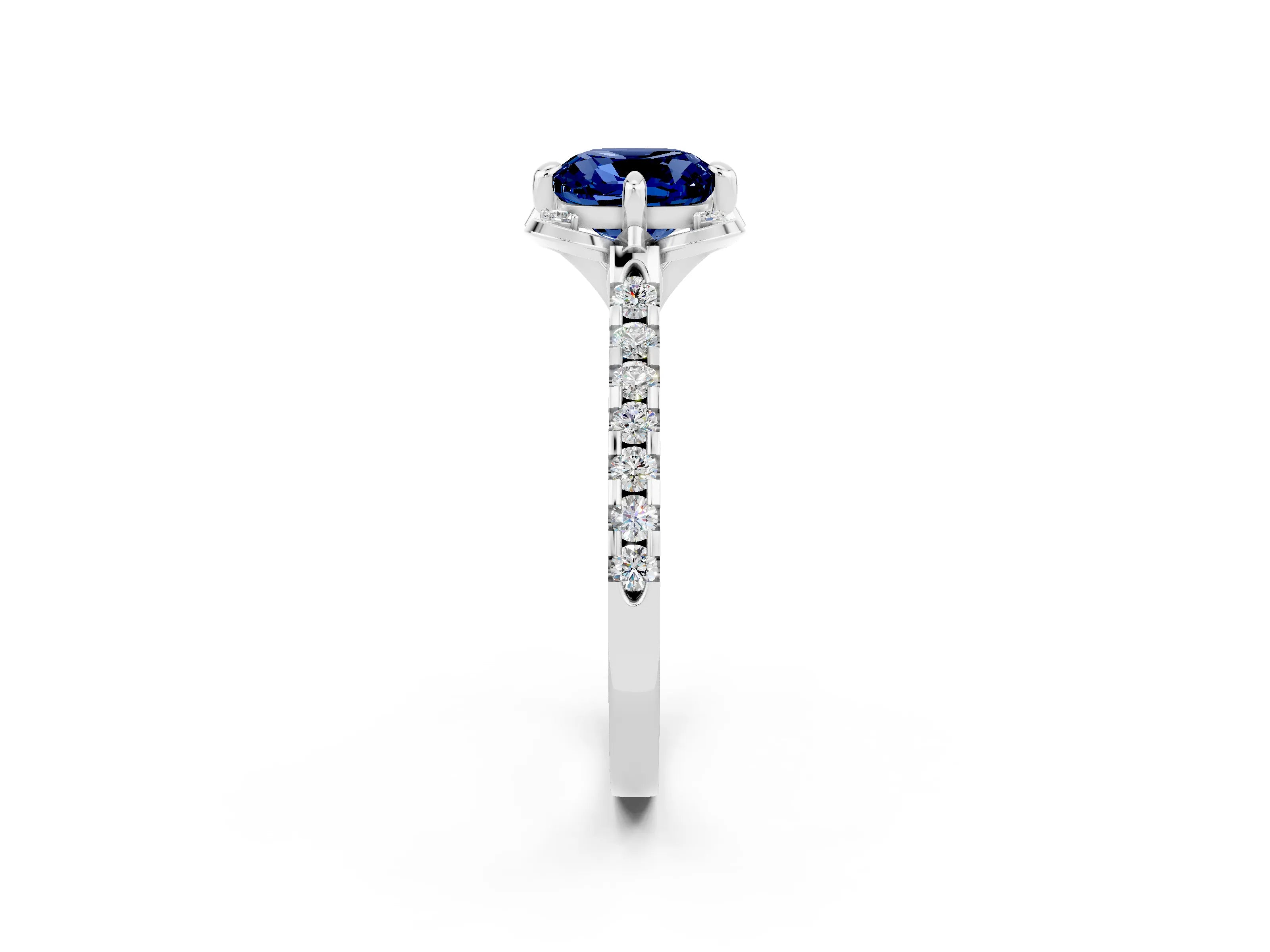 White gold Cushion Cut Blue Sapphire Ring with Pavé Band and Floral Prong Setting_2