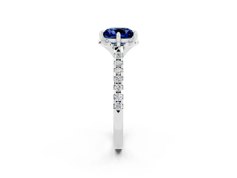 White gold Cushion Cut Blue Sapphire Ring with Pavé Band and Floral Prong Setting_2