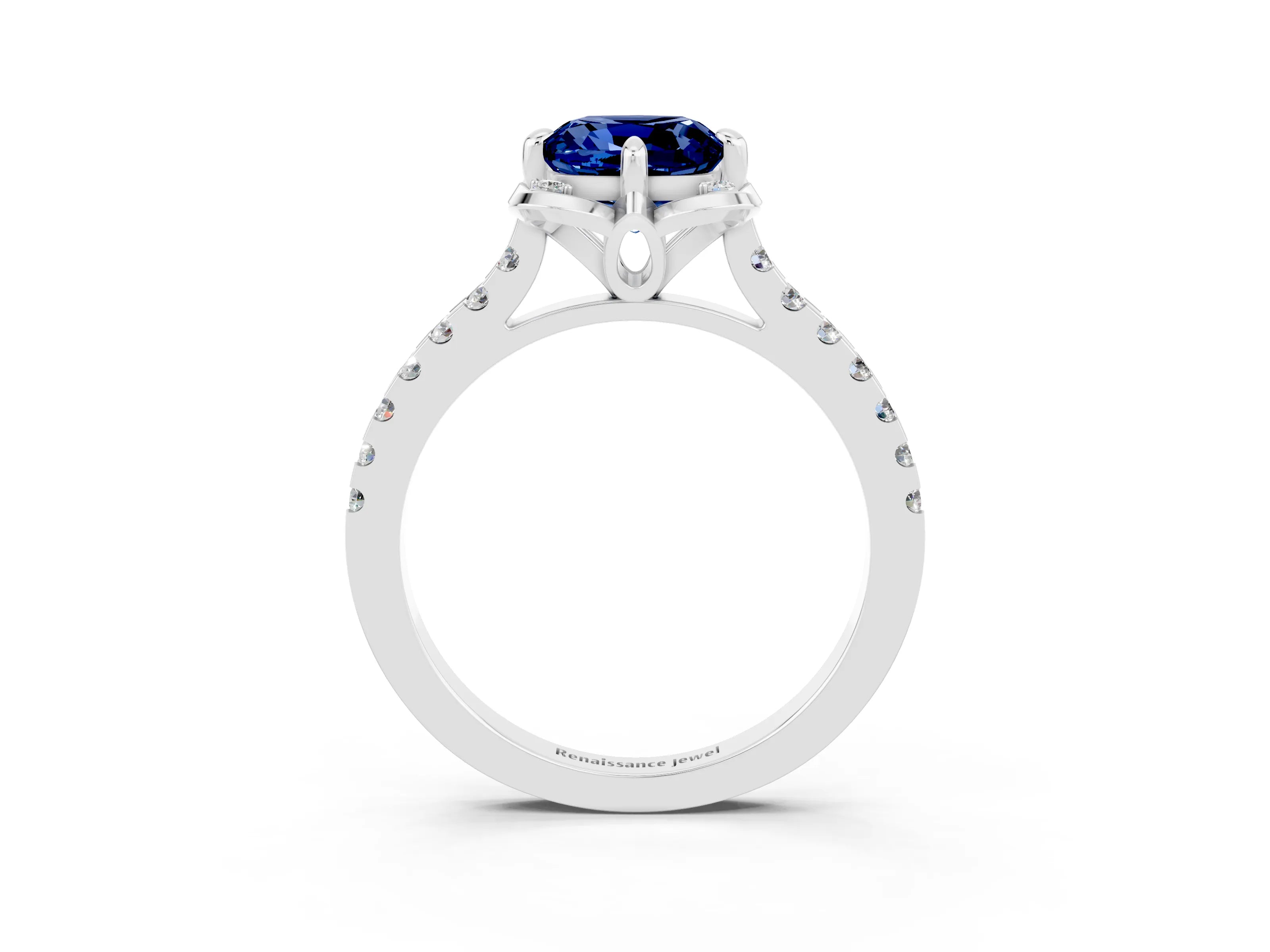 White gold Cushion Cut Blue Sapphire Ring with Pavé Band and Floral Prong Setting_3