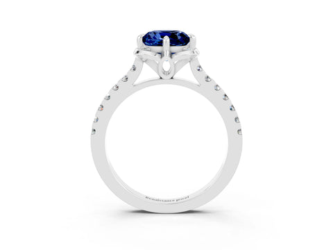 White gold Cushion Cut Blue Sapphire Ring with Pavé Band and Floral Prong Setting_3
