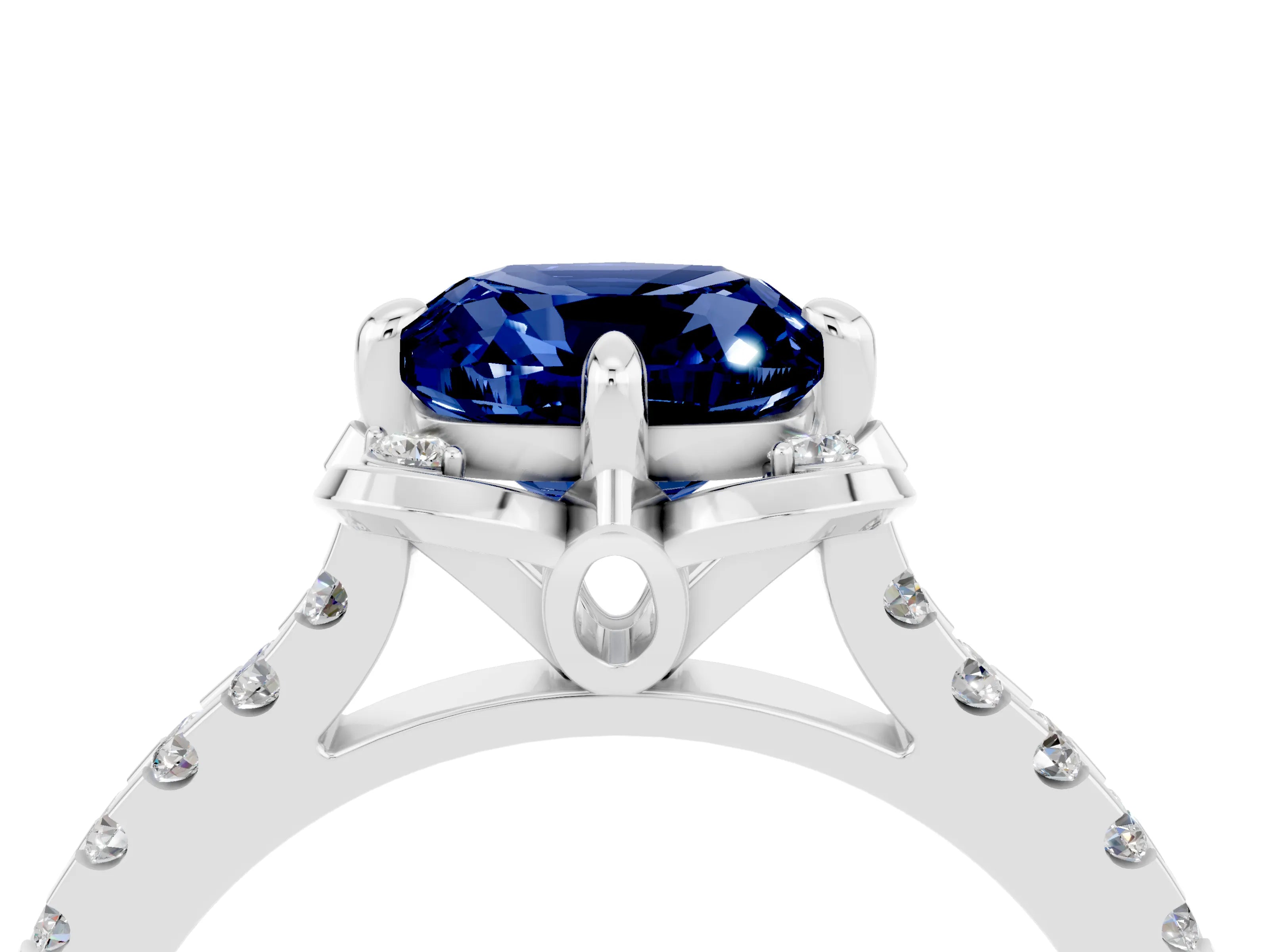White gold Cushion Cut Blue Sapphire Ring with Pavé Band and Floral Prong Setting_4