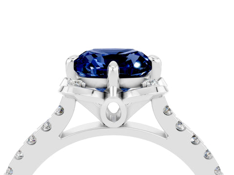White gold Cushion Cut Blue Sapphire Ring with Pavé Band and Floral Prong Setting_4