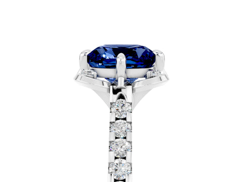 White gold Cushion Cut Blue Sapphire Ring with Pavé Band and Floral Prong Setting_5