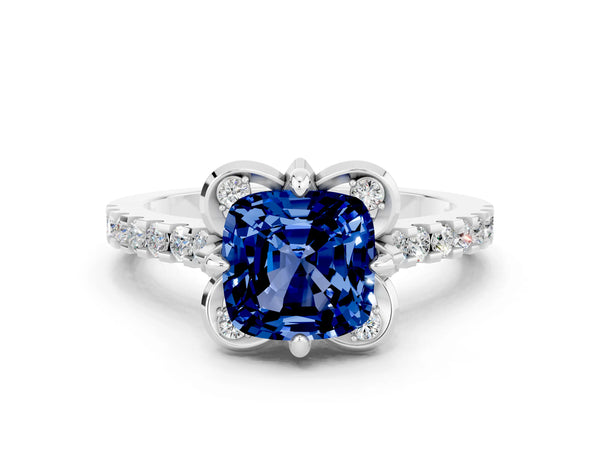 Silver Cushion Cut Blue Sapphire Ring with Pavé Band and Floral Prong Setting